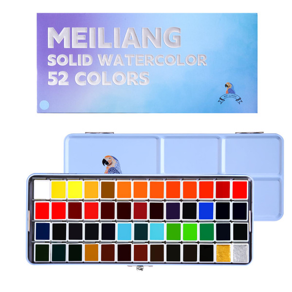 MeiLiang 52 Watercolor Paint Set, Travel Watercolors Set with Drawing Pencil, Paint Brushes, 5 Watercolor Paper, Sponge & Black Drawing Pens, Water Colors Paint for Adults, Art Supplies, Blue Case