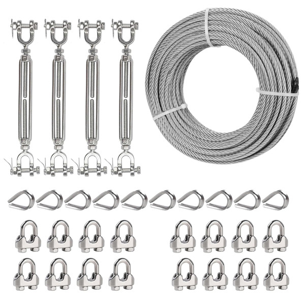Fologtoo 50FT 1/4" Wire Rope Kit, Stainless Steel Cable with 4 Pcs 5/16 Turnbuckle, Wire Rope Clamp & Thimble, 6400lbs Breaking Strength, 7X19 Strands Heavy Duty Cable for Zipline, Trailers