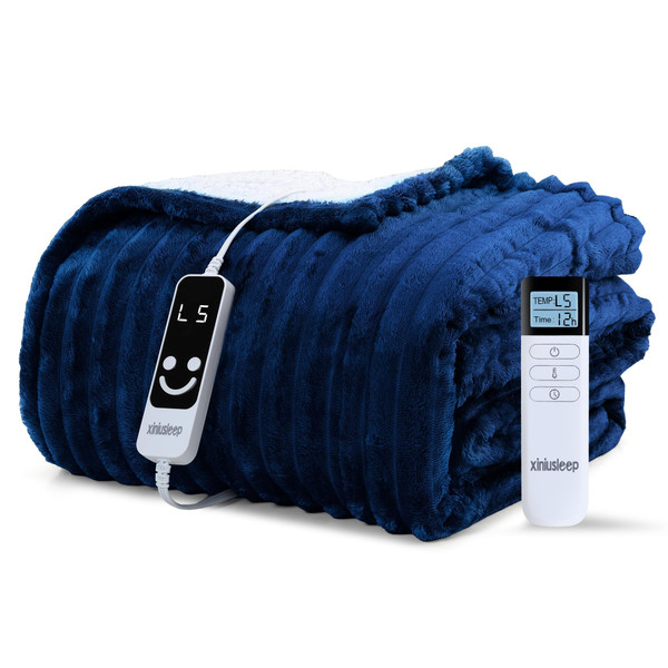 XINIUSLEEP Heated Blanket Electric Blanket 62"x84", Soft Flannel Sherpa Electric Throw with 5 Heating Level & 12 Times Setting, Heated Throw with Overheating Protection, Machine Washable (Navy Blue)