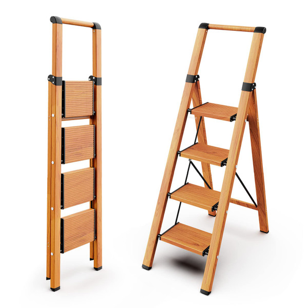 WOA WOA 4 Step Ladder, Ladders for Home, Anti-Slip Pedals, Aluminum Step Stool Foldable, Lightweight to Move, Ease of Storage, Reach 9ft for Closet Kitchen Library, Hold 300lbs - Wood Grain