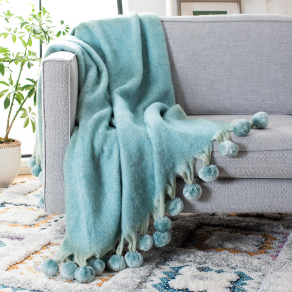 SAFAVIEH Home Collection Shae Aqua 50 x 70-inch Pom Pom Decorative Throw Blanket