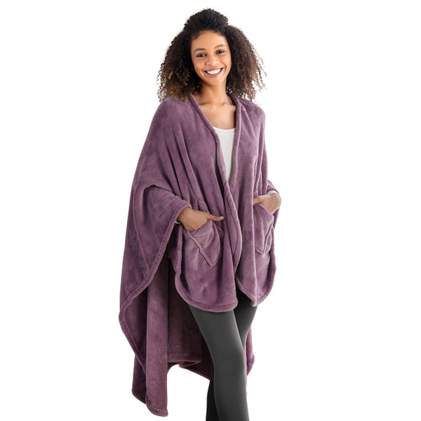 Berkshire Blanket Primalush™ Wearable Blanket, Cozy Loungewear Pocketed Plush Cape Wrap for Adults & Teens(Purple, One Size 58"X64")