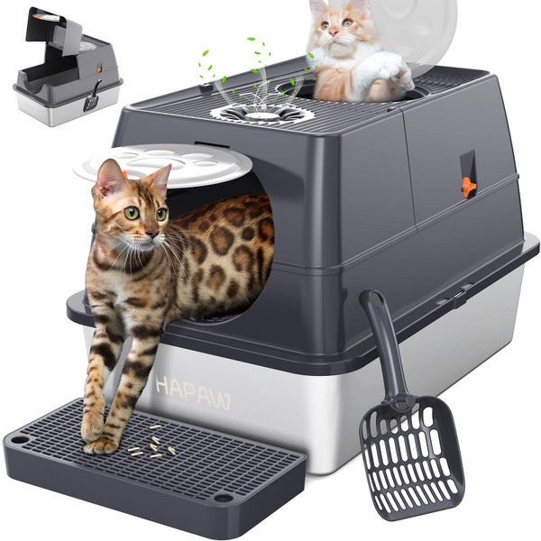 HAPAW Stainless Steel Litter Box with Lid, 135° Flip-Top Extra Large Cat Litter Pan, Enclosed Metal Litter Box with Litter Scoop & Filter Pedal, Odor Free, Front & Top Dual Entry HAPAW Stainless Steel Litter Box with Lid, 135° Flip-Top Extra Large Cat Litter Pan, Enclosed Metal Litter Box with Litter Scoop & Filter Pedal, Odor Free, Front & Top Dual Entry