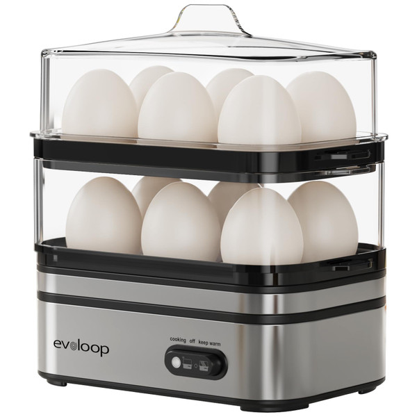 Evoloop Rapid Egg Cooker Electric 12 Eggs Capacity, Soft, Medium, Hard Boiled, Poached, Omelet Maker Egg Poacher & Vegetable Steamer, BPA Free Tray