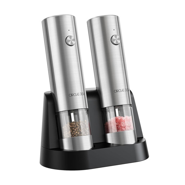 CIRCLE JOY Electric Salt and Pepper Grinder Set Stainless Steel Spice Grinder Automatic Pepper Mills with Easy-to-Carry Dual Charging Station, White Led Light, and Adjustable Coarseness, Silver