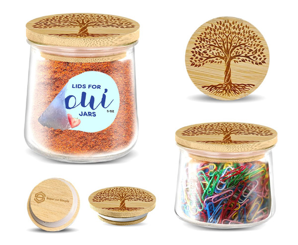 Oui Yogurt Jar Lids – Choose a Design, 4-24 Pieces, Bamboo, Silicone, or Stainless Steel | Tops That Fit Yoplait Oui Glass Jars | Bamboo Oui Jar Covers | Oui Yogurt Storage Lids - Tree of Life 4 pack