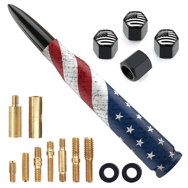 Car Truck Bullet Antenna Replacement Mast with Valve Stem Caps American Flag Style for GMC Sierra Chevy Silverado Dodge Ram 1500 2500 3500 Ford F150 F250 F350 Super Duty Raptor Accessories, Black