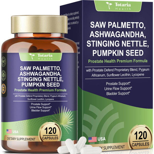 Totaria Organic Saw Palmetto - Prostate Health Supplements for Men with Ashwagandha Root, Stinging Nettle, Pumpkin Seed, Prostate Defend Propnietary Blend, DHT Blocker, 120 Count Totaria Organic Saw Palmetto - Prostate Health Supplements for Men with Ashwagandha Root, Stinging Nettle, Pumpkin Seed, Prostate Defend Propnietary Blend, DHT Blocker, 120 Count