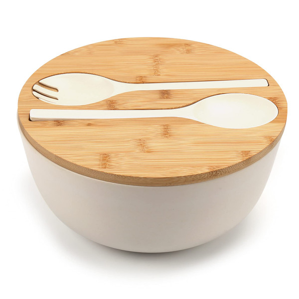 ShineMe Large Salad Bowl with Lid, Bamboo Fiber Salad Serving Bowl Set with Utensils, 9.8inches Mixing Bowl with Servers, Solid Bamboo Wooden Bowl for Candy, Salad, Fruits, Vegetables and Pasta(White)