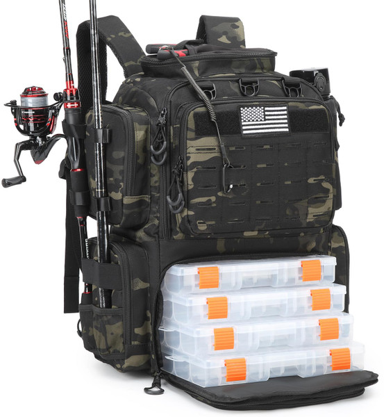 BISKLNDN Tactical Fishing Tackle Backpack with 4 Tackle Boxes, Rod Holders, Bottle Holder, 50 L Large Storage Durable Fishing Bag Store Fishing Gear and Equipment, 900 D Oxford, Black CM