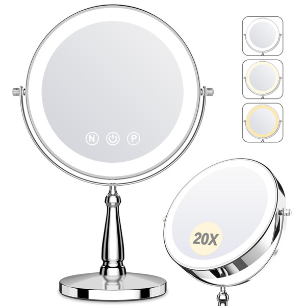 WOOCICA Makeup Mirror with Lights, 9 Inch 20X Magnifying Mirror with Light and 3 Colors for Women, Vanity Mirror with Lights and Adjustable Brightness, Lighted Magnified Mirrors for Delicate Makeup