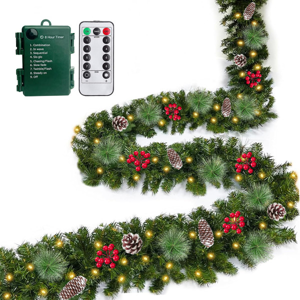 Remote Control - 18FT Long Prelit Outdoor Christmas Garland 100 Warm White & Colorful Lights Timer 8 Modes Thick 460 Branches 15 Pinecone 165 Berry Christmas Cedar Garland for Stairs Porch Front Door