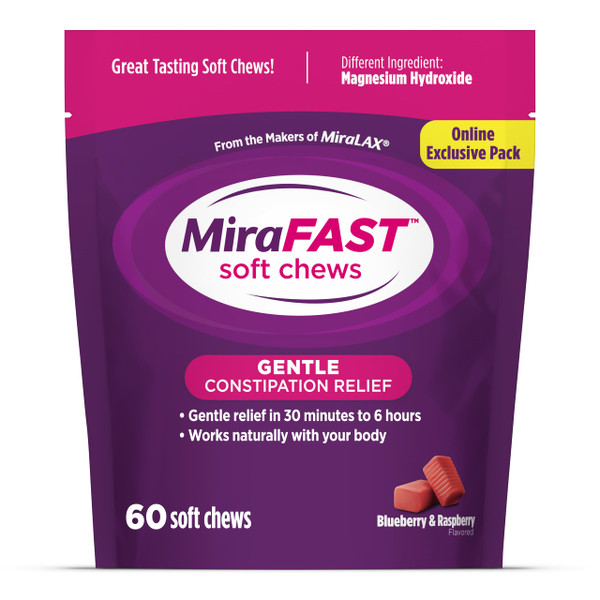 MiraFAST Soft Chews, from The Makers of MiraLAX, Gentle Constipation Relief, Fast Acting Laxative, Stimulant Free Saline Laxative, Magnesium Hydroxide, Blueberry & Raspberry Flavor, 60ct MiraFAST Soft Chews, from The Makers of MiraLAX, Gentle Constipation Relief, Fast Acting Laxative, Stimulant Free Saline Laxative, Magnesium Hydroxide, Blueberry & Raspberry Flavor, 60ct