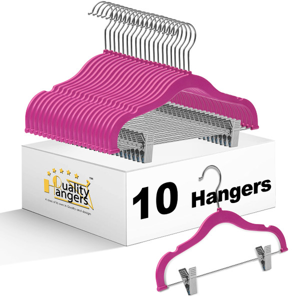Quality Kids Children's Plastic Non Velvet Non-Flocked Thin Compact Skirt Pant Coat Hangers with Metal Clips for Skirts Pants Blouses 360° Swivel Hook, Jacket, Shirt, Legging, Suit Hangers (Pink, 10)