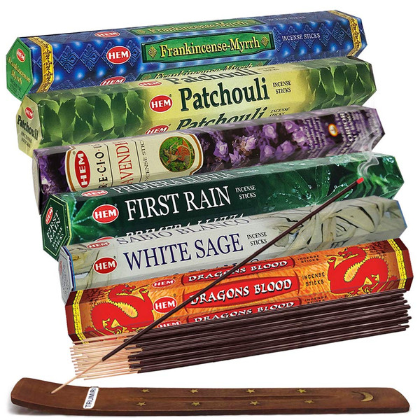 Hem Incense Sticks Variety Pack #23-120 Insence-Sticks (6 Incents x 20 Insense) + Incense Stick Holder with 6 Most Liked Scents Including Patchouli Dragons Blood White Sage Frankincense-Myrrh