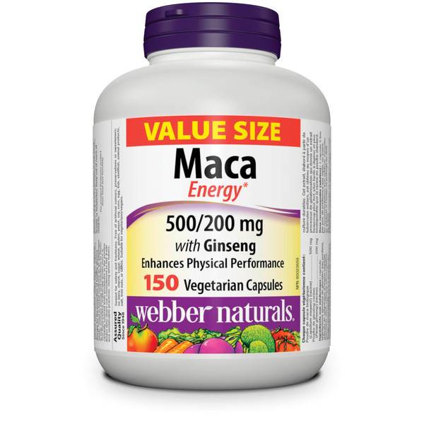 Webber Naturals Maca Energy with Ginseng, Value Size, Vegetarian Capsule, 500 mg, 200 mg, 150 Count