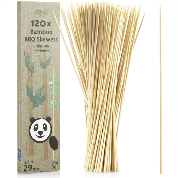 LIVAIA Wooden BBQ Skewers: 120 x Premium Bamboo Barbecue Skewers and Kebab Skewers Wood Extra Long - Wooden Skewers for Crafts - Round Wooden Skewers - Wooden Stick 11.4in - Bamboo Grill Skewers