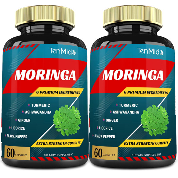 2 Packs Moringa Capsules, 4 Months Supply with Turmeric, Ashwagandha, Ginger, Licorice, Black Pepper | Immune Support, Energy Booster | Oleifera Leaf Herb Supplements