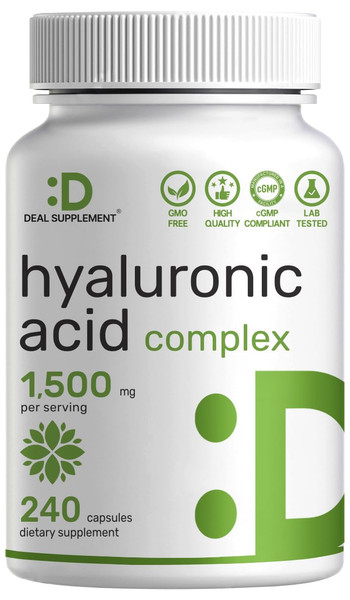 Deal Supplement Hyaluronic Acid Supplements 1,500mg – 240 Capsules, with MSM & Vitamin C – Pure 95% | Non-GMO + Plant Based HA – Supports Healthy Joints, Bones, Connective Tissue, & Skin Hydration