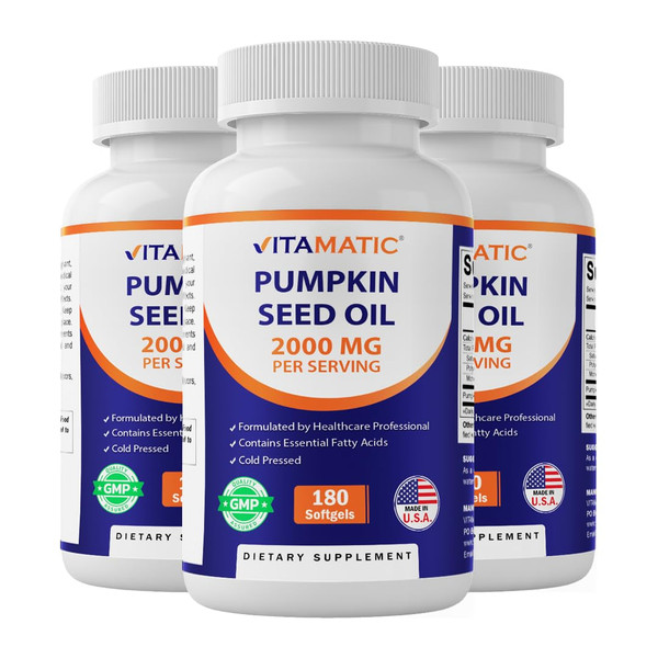 Vitamatic Pumpkin Seed Oil 2000mg per Serving – 3 Pack (540 Softgels Total) – 1000mg per Softgel Supports Prostate Health, Urinary Tract Function & Heart Health