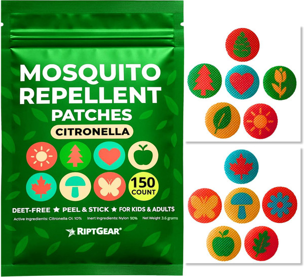 RiptGear Mosquito Patches - 150 Pack of Mosquito Stickers for Kids and Adults, Natural Mosquito Sticker, Citronella Patch Sticks to Any Surface - DEET Free