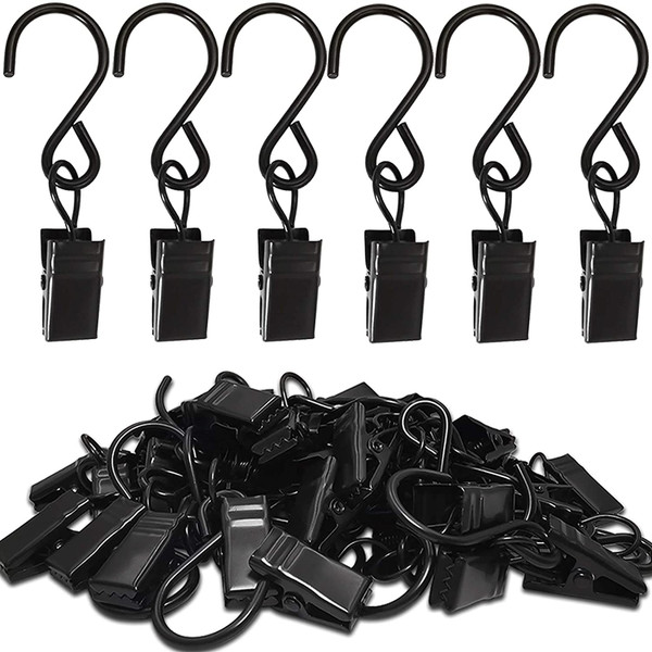 Stainless Steel Metal Clips with S Hooks for Curtain, Photos, Art Craft Hanger Hanging Clips, Home Decoration, 20 Pack, Black