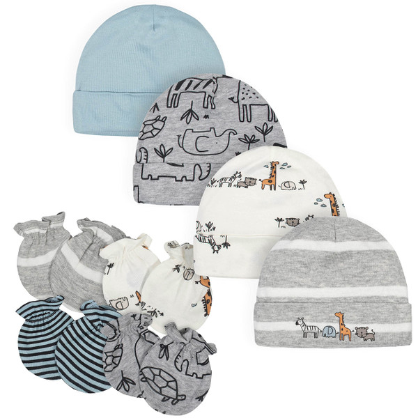 Gerber Unisex Baby Cap and Mitten Sets 8pc Grey Jungle 0-3 Months
