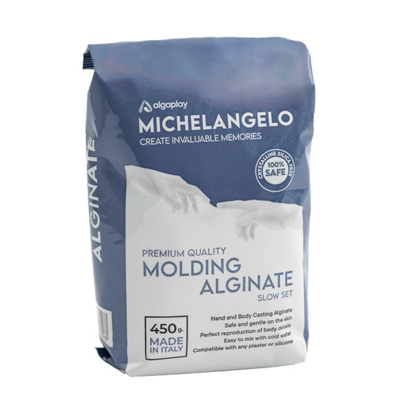 Michelangelo Moulding Alginate Slow Setting 450 g. Chromatic alginate for high precision prints, perfect for making hands or body casts. Made in Italy.
