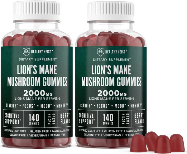 Lions Mane Mushroom Gummies for Adults, 280 Count Bulk Lion's Mane Chewables, High Potency 10:1 Organic Extract amounts to 2000mg, Supplement Supports Mental Clarity, Focus, Mood and Brain Fog, 2 Pack