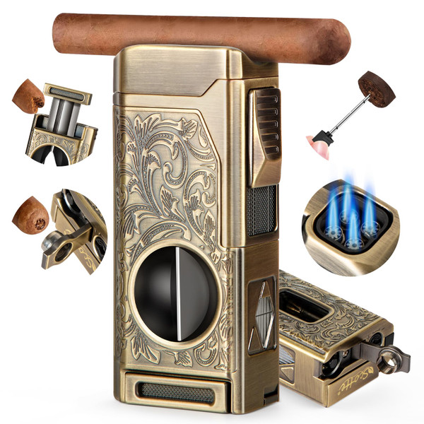 Cigar Lighter, 4 Jet Flame Torch Lighter, Refillable Butane Lighter with Cigar Cutter V Cut Cigar Punch Cigar Holder Cigar Draw Enhancer, Great Cigar Accessories Cool Lighters for Smoking in Gift Box