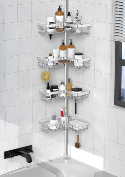 KEGII SUS304 Corner Shower Organizer, Stainless Steel Tension Pole Corner Bathroom Caddy, No Drilling Required Adjustable Shower Shelf for Inside Showers, Silver