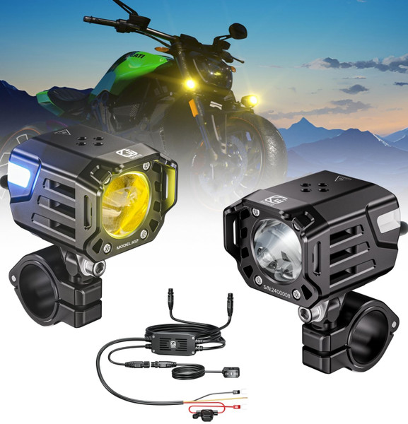 Kewig Motorcycle Auxiliary LED Fog Light 60W White Amber LED Spotlight Auxiliary Light Kit with Mount Bracket Wire Harness Waterproof Offroad Driving Lights Compatible with Motorcycle Bike Truck