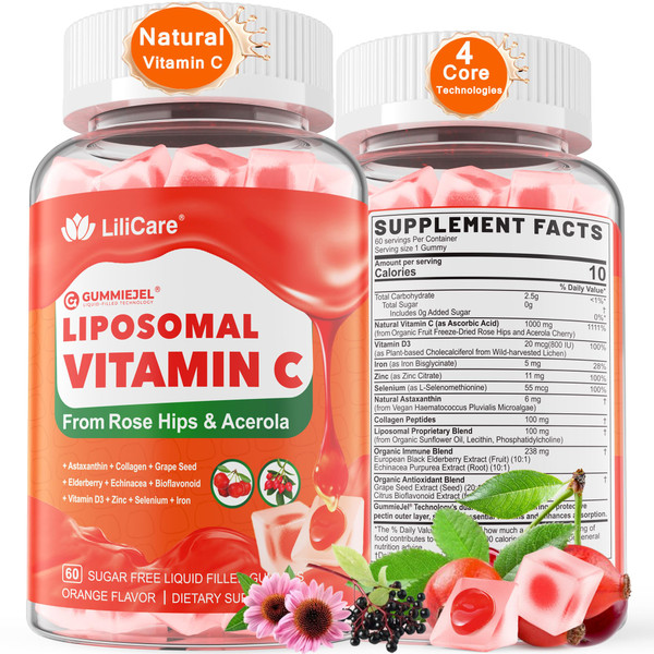 Natural Liposomal Vitamin C 1000mg Gummies for Adults Kids 9+, 1660mg Chewable Vitamin C w/ 11mg Zinc, D3, Elderberry, Echinacea, Bioflavonoid, Immune Support - Organic VIT C from Fruits, Sugar Free
