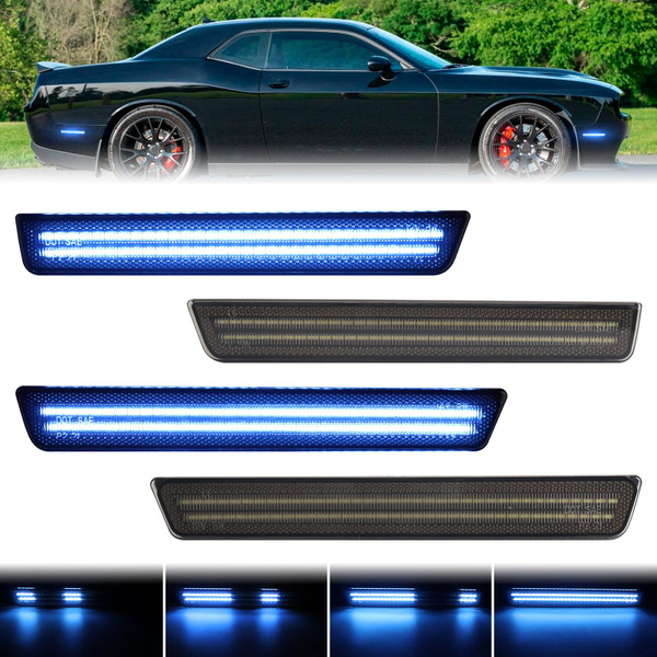 FetonAuto Dynamic Sequential Blue LED Side Marker Lights for 2015-2023 Dodge Challenger Front Rear Bumper Running Indicator Blinker, Smoked Lens 4PC