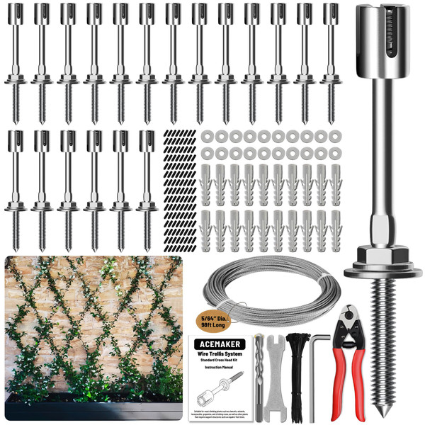 Acemaker Wire Trellis for Climbing Plants Outdoor, 20-Set Wall Wire Trellis Kit with 5/64"(2mm) x 98ft Stainless Steel Cable & Cutter, T316 Espalier System for Fence and Garden DIY Projects