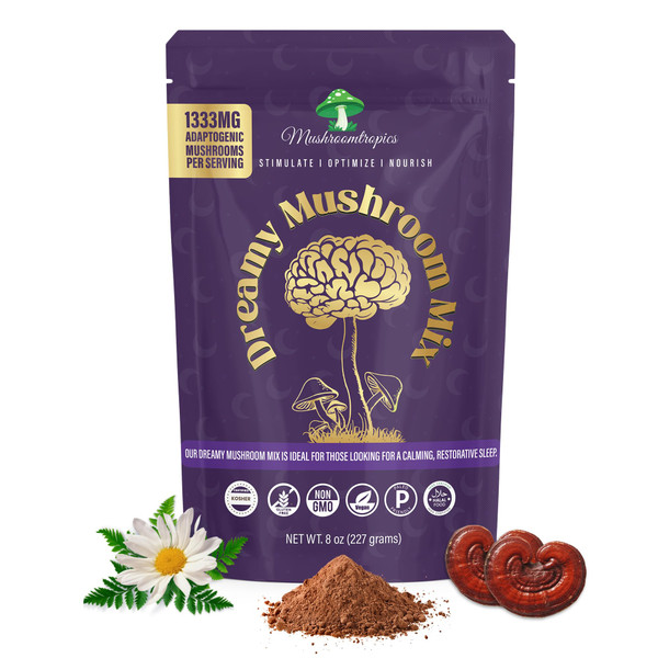 Mushroomtropics Dreamy Hot Cocoa Blend Mix Organic Mushroom Coffee with Reishi, L-Theanine, Chamomile & Adaptogens, Organic, Non-GMO, Caffeine-Free Instant Cocoa