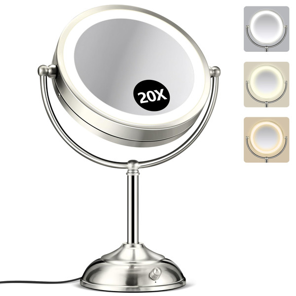 20x Large Lighted Makeup Mirror, Rechargeable 9" Magnifying Makeup Mirror, 30-Minute Timer,3 Color Modes, Adjustable Brightness, No Assembly Required, 360° Rotation Cosmetic Mirror, Pearl Nickel