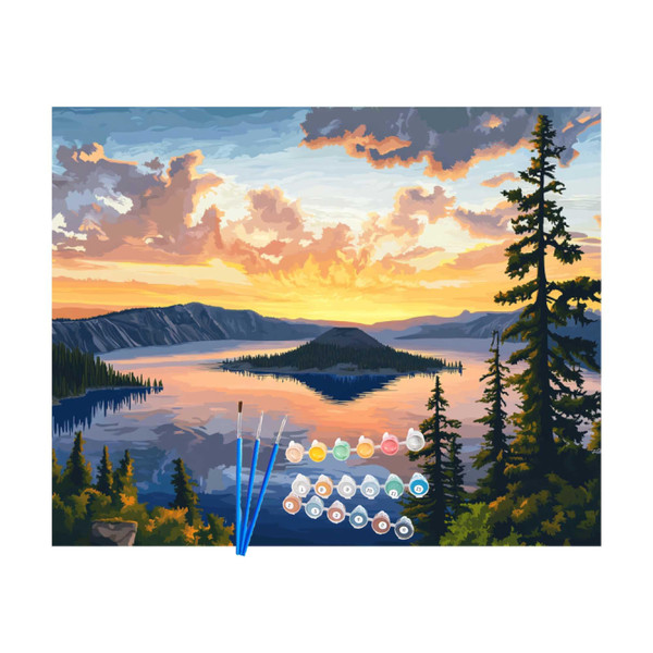 Crater Lake Paint by Numbers for Adults, Oregon Paint by Number Kits, Nature Scenery Travel Gifts, DIY Oil Canvas Painting, Home Wall Decor - Sunset Lake Mountains Trees Landscape(16x20inch)