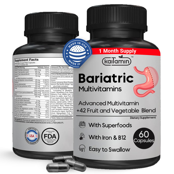 Kaitamin Bariatric Multivitamin with Iron - Easy-to-Swallow Capsule for Post Bariatric Surgery - Post Sleeve and Post Bypass with 42 Fruit & Veggies Blend - 60 Liquid Capsules