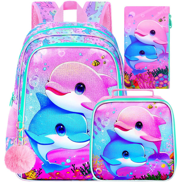 UFNDC 3PCS Dolphin Bookbag for Girls, 16" Kids Backpack with Lunch Box, Water Resistant School Bag for Elementary Preschool Toddler