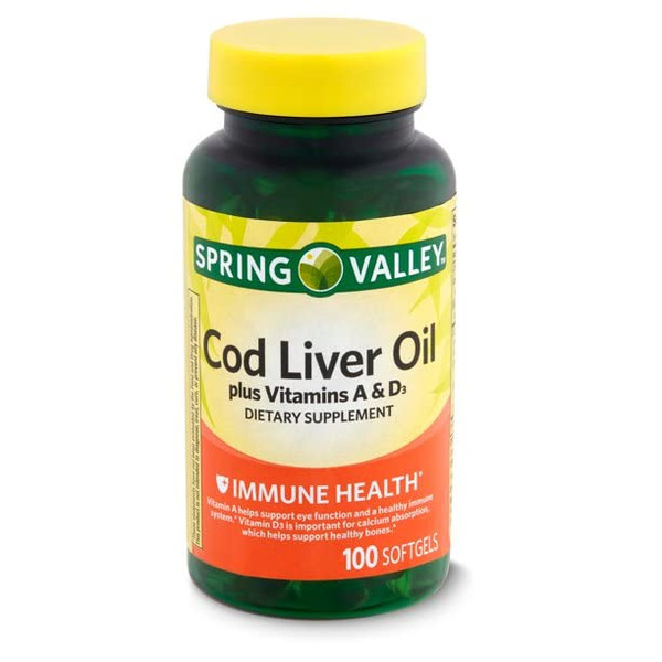 Spring - Valley Cod Liver Oil Plus Vitamins A & D3 - 100 Softgels Pack of 2-1765336915