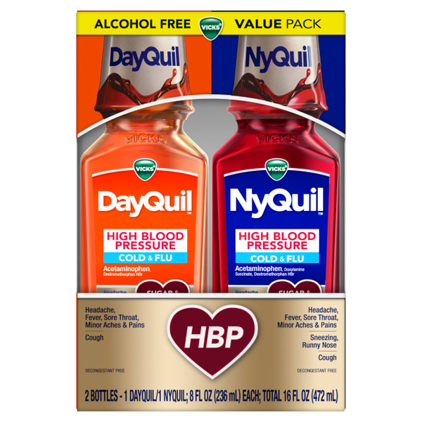 VICKS DayQuil & NyQuil High Blood Pressure Cold & Flu Relief Liquid Medicine Co-Pack, Powerful Multi-Symptom Daytime & Nighttime Relief for Cold, Cough, and Flu Symptoms, Sugar & Alcohol Free, 2x8oz-1765337493