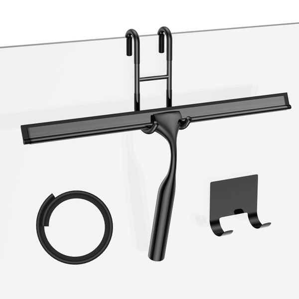 Black 14-Inches Stainless Steel Shower Squeegee Set, Include Shower Door Hook, Adhesive Hook and Spare Silicone Blade, Window Squeegee for Shower Glass Door, Bathroom, Mirror, Window and Car Glass
