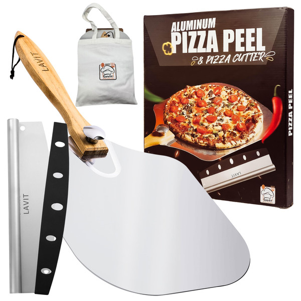 Pizza Peel Aluminum Pizza Spatula - Lavit 12x14 Inch Pizza Pack Metal Peel with Wood Handle & Rocker Cutter, Pizza Paddle (Storage bag included), for Family Pizza Oven, Baking, Dough, Bread & Pastry-1765338093