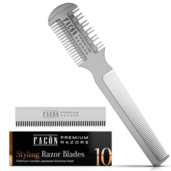 Facón Razor Comb for Hair Cutting - Professional Hair Cutting Comb Kit with 12 Replacement Blades, Double Edge Shaper for Salon & Home, Premium Styling Thinning Texturizing Split Ends Trimming Razor-1765338576