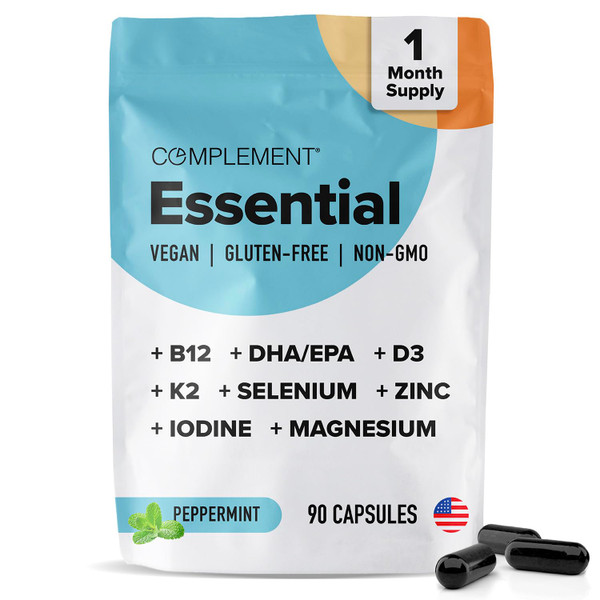 Complement Essential Vegan Multivitamin for Men & Women (30 Servings, 90 Capsules) with Omega-3 DHA & EPA, B12, Vitamin D3 & K2, Zinc, Selenium, Magnesium, Iodine - Supports Immunity & Overall Health