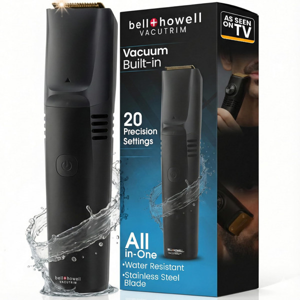 Vacutrim Cordless Mens Beard Trimmer, Rechargeable Electric Shaver with 20 Trim Setting Calibration Dial and Built-in Vacuum for Mustache, Sideburns. Facial Hair, Black, 7.5", As Seen On TV