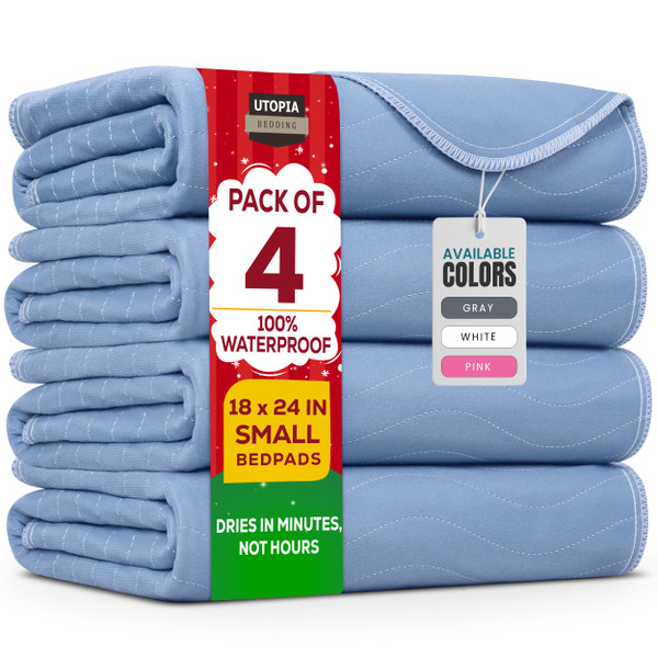 Utopia Bedding Washable Underpads 18" x 24" (Pack of 4), Waterproof Reusable Heavy Absorbency Incontinence Bed Pads for Adults, Kids, Elderly and Pets, Bedwetting Pads for Sofa and Couch (Blue)