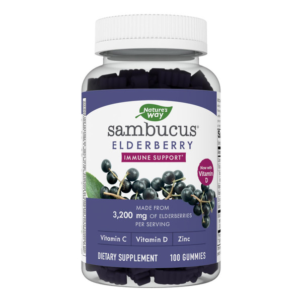 Nature's Way Sambucus Elderberry Gummies - Immune Support Supplement for Kids & Adults* - With Vitamins C, D3, Zinc & Antioxidant Support* - Gluten Free & Vegetarian - 100 Gummies