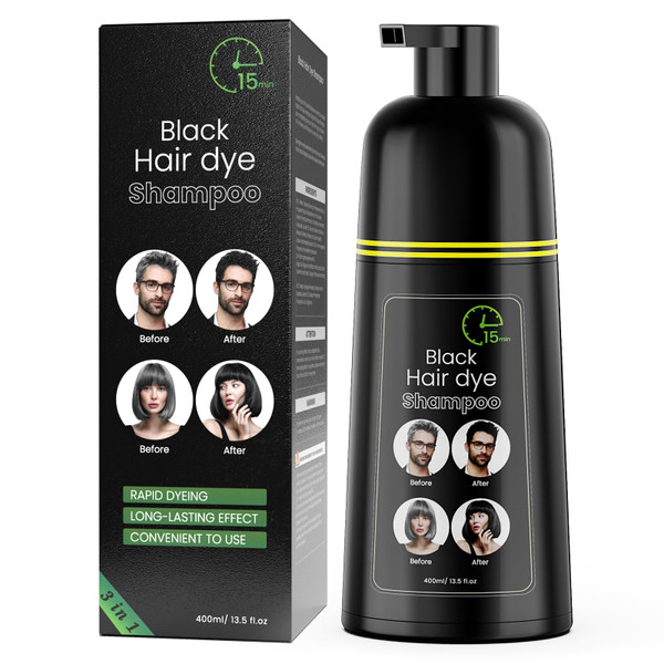 Black Hair Dye Shampoo, Semi-Permanent Hair Color Shampoo for Women and Men, Herbal Ingredients and No Ammonia, 3 in 1-100% Grey Coverage 400ml/ 13.5 fl.oz-1765339999